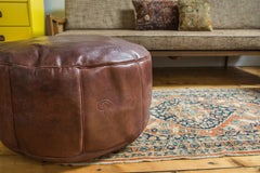 Antique Revival Leather Moroccan Pouf Ottoman - Whiskey Brown // ONH Item 1995 Image 4
