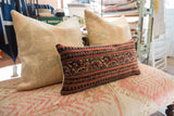 Vintage Persian hand-knotted lumbar pillow showcasing detailed traditional motifs in red and blue.