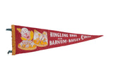 Vintage red felt Ringling Bros. Barnum & Bailey Circus pennant with clown and elephants.