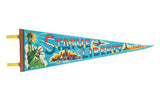 Vintage Statue of Liberty felt pennant, light blue with green statue and city skyline, 8x25 inches.