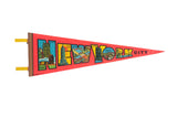 Vibrant red vintage New York City felt pennant with 1970s retro graphic landmark letters, 8 x 25 inches.