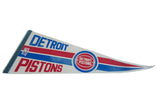 Detroit Pistons felt pennant, detail of blue 'DETROIT' text and stitched edge.
