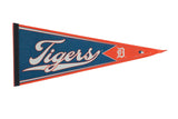 Vintage Detroit Tigers felt pennant in blue and orange with classic white script and 'D' logo.