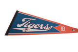 Textured blue felt and black stitched border detail of the vintage Detroit Tigers pennant.