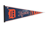 Detroit Tigers felt flag pennant in navy blue with orange logo, script, and tiger stripe pattern.