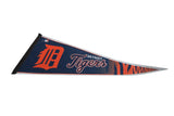 Complete layout of the Detroit Tigers felt pennant with its classic logos and striped tail.