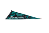 Angled view of the vintage Michigan State Spartans felt pennant in green, black, and white.