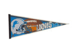 Detroit Lions felt flag pennant in blue, gray, brown, featuring helmet and lion logo.