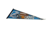Vintage Detroit Lions felt pennant with blue helmet, brown football, and light curling.