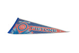 Red and blue circular team logo and star graphics on a vintage Detroit Pistons felt pennant.