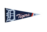 Detroit Tigers felt flag pennant in navy blue with white and orange script.