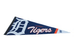 Angled view of the Detroit Tigers pennant highlighting the navy blue felt and orange script logo.