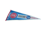 Angled side view of the blue and red Detroit Pistons vintage felt pennant.