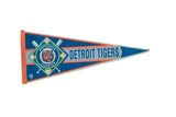 Vintage Detroit Tigers felt pennant in blue, orange, and white with team logo.