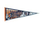 Vintage Detroit Tigers felt flag pennant in navy blue with orange and white team graphics.