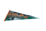 Angled perspective of the vintage Baltimore Orioles felt pennant showing its graphics and shape.