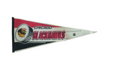 Vintage 1990s Chicago Blackhawks felt pennant with classic red, black, and cream team graphics.