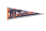 Vintage Detroit Tigers felt pennant with classic tiger mascot logo and striped design.