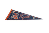 Angled view of the vintage Detroit Tigers felt pennant in navy blue and orange.
