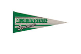 Vintage Michigan State Spartans felt pennant, triangular green and off-white with bold text, 12x29 inches.