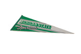 Green and black Michigan State Spartans text on a vintage felt pennant.
