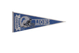 Vintage Detroit Lions blue felt pennant with silver helmet and lion graphic, 12x29 inches.