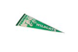 Side angle of the cream-colored Dunckel Wildcats felt pennant with green graphics.