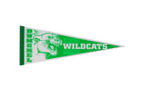 Dunckel Wildcats felt pennant in green and white with a roaring mascot graphic.