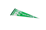 Angled view of the Dunckel Wildcats felt pennant's green graphics.