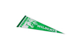 Angled view of the Dunckel Wildcats pennant's green lettering and roaring mascot graphic.