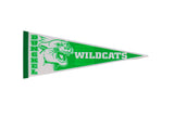 Dunckel Wildcats felt pennant with a green and white roaring wildcat mascot graphic.