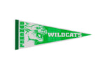 Vintage Dunckel Wildcats felt pennant in green and white with a snarling mascot graphic.
