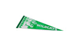 Angled view of the vintage Dunckel Wildcats felt pennant in green and white.