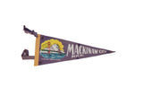Vintage Mackinaw City Michigan felt flag pennant, deep blue, yellow trim, bridge graphic.