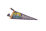 Vintage Mackinaw City Michigan pennant, colorful Mackinac Straits Bridge illustration on purple felt.
