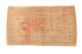 Vintage Distressed Oushak rug featuring central prayer design, blush pink and ivory, measuring 3'1