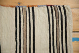 Vintage Turkish Kilim rug's upper edge with banded ivory, black, brown, and polychromatic selvage.