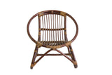 Vintage Mid Century Rattan Kid's Chair, dark brown with tan woven details, 18 inches tall.