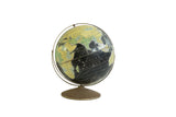 Vintage 1960s Rand McNally black globe, yellow-green continents, aged stand, 12 inch.