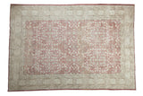 Distressed vintage Turkish Sparta rug, faded rose thousand flower design, ivory borders.