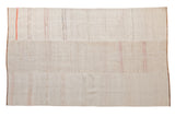 Vintage hemp kilim carpet with horizontal stripes in soft pink and melon on a neutral beige plain-weave field.