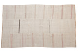 Vintage hemp kilim carpet with horizontal banded stripes in soft ivory, pale pink, and dark brown.