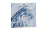 Original horse painting in blue tones with gold outline against a pale, patterned background.