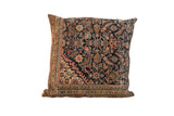 Antique Persian Fereghan hand-knotted pillow, navy field, intricate floral and geometric patterns, 24x24.