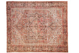 Vintage distressed Mehrivan carpet with diamond medallion, muted red, brown, blue. 8'7