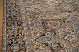 Distressed Persian Mehrivan carpet with serrated buds, blue, dusty rose, and even wear.