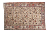 Distressed vintage Sparta carpet, allover beige lattice vine design, red and navy Samovar borders.