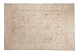 Distressed Turkish Sparta carpet revealing foundation, faint floral lattice in ivory, sandalwood, and navy, 6'8