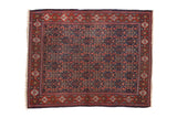Vintage Senneh square rug with a navy field, allover Herati motif, and red Samovar border.