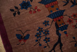 Close-up of a pictorial butterfly, blue blossoms, and hut on a dusty mauve field.
